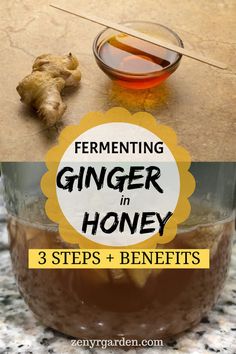 a jar filled with honey sitting on top of a counter next to a spoon and some ginger