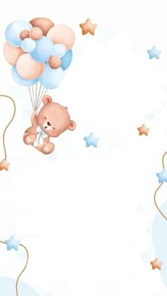 a teddy bear flying with balloons in the sky