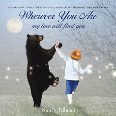 there is a book cover with an image of a bear and a boy reaching for the moon