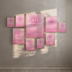 a wall with pink posters on it and the number 474 protection written in white