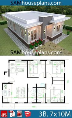 two story house plan with 3 bedroom and 2 bathrooms in the same area, on top of