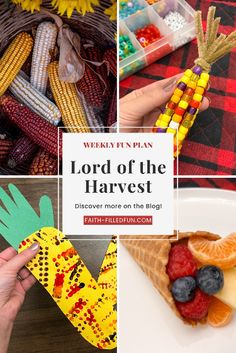 the words lord of the harvest written in different languages are shown above pictures of food and decorations