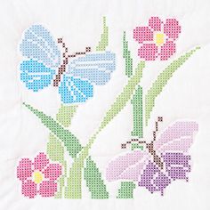 cross - stitched flowers and butterflies on a white background with blue, pink, green, purple, and yellow colors