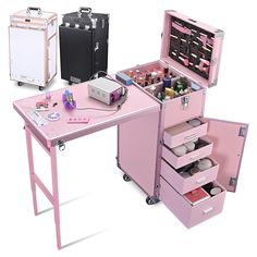 Yescom Mobile Makeup Station with 4 spinner wheels and 2 of the wheels are lockable, also the wheels with a detachable design for easy replacement, featuring an expandable floor-standing table and mirror, a Portable Bluetooth Speaker, and 4 large capacity drawers. High Quality: Dual-purpose which features an expandable floor-standing table that is crafted for primary use in a fixed location serves as a nail art workstation This makeup station is not intended for frequent moving or transportation Nails Table, Teenager Bedroom Design, Table And Mirror, Teenager Bedroom, Kitty Room, Rolling Makeup Case, Nail Desk, Table Makeup, Nail Station