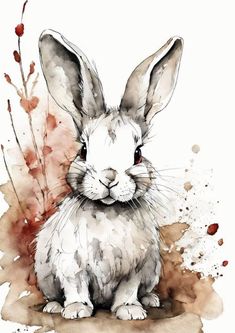 a watercolor painting of a rabbit sitting on the ground