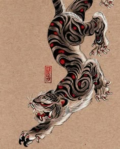 a drawing of a tiger with red eyes on it's face and tail, leaping in the air