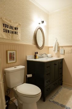 a white toilet sitting next to a sink in a bathroom under a vanity with a mirror above it