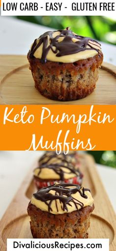 keto pumpkin muffins with chocolate drizzled on top