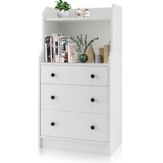 a white bookcase with two drawers and some plants on top of it, against a white background