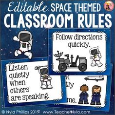 four classroom rules with space themed pictures and words on them, including an astronaut theme