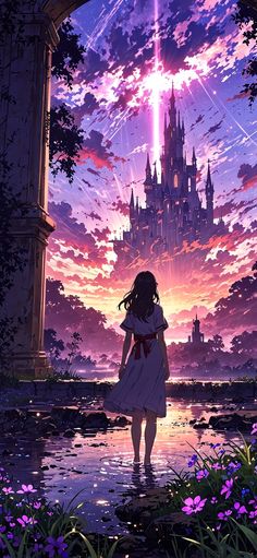 a girl standing in front of a castle looking at the sky with purple flowers around her