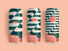 three cans of calexo are shown on a pink and green background with geometric shapes