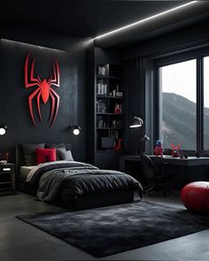 a bed room with a neatly made bed and a spiderman wall decal