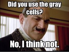 a man with a mustache and moustache on his face, says did you use the gray cells? no, i think not