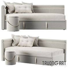 two images of a couch with pillows and pillow on the bottom one is made out of fabric