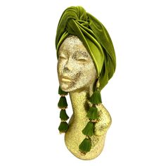 The ultimate in fabulous! This turban offers full coverage and full glam. Made in soft velour with a simple twist to get perfect fit. Instant chic in seconds. The earrings are removable. Made with love in Los Angeles. These are direct to consumer products. One size fabulously fits all but please look at our turban tutorials before buying. This style is our best seller as super easy to get perfect fit.  Made with poly velour in Los Angeles. We highly recommend washing ALL synthetic fabrics in a G Old Hollywood Turban, Vintage Headscarf, Micro Plastics, Julia Clancey, Turban Tutorial, Full Glam, Turban Headwrap, Stocking Fillers For Her, Green Olive