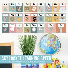 the sky rocket learning speed poster is displayed next to a desk with toys on it