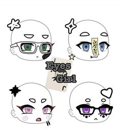 four cartoon faces with different expressions and the words eyes girl written in black on them