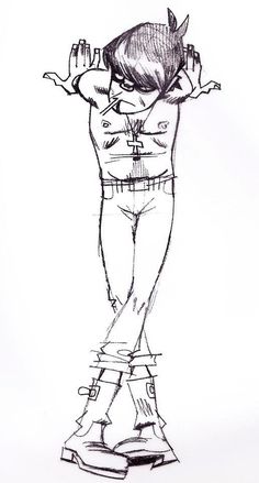 a black and white drawing of a man standing on top of a stool with his hands behind his head