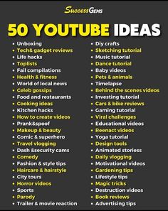 the 50 youtuber ideas list is shown in black and yellow, with text that reads 50