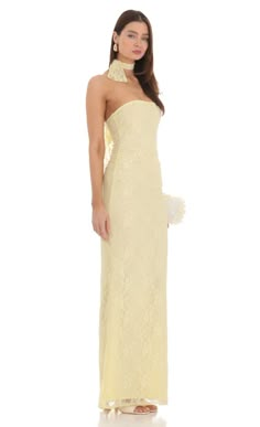 Scarf Lace Maxi Dress in Yellow | LUCY IN THE SKY Yellow Sleeveless Dress, Maxi Dress Winter Formal, Formal Yellow Dress Long, Maxi Dresses Aesthetic, Sparkle Maxi Dress, Yellow Flower Prom Dress, Strapless Yellow Prom Dress, Cream Color Prom Dress, Pastel Yellow Maxi Dress