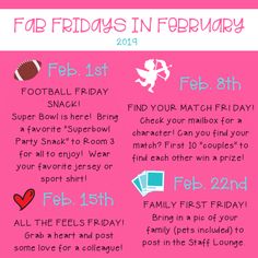 a pink poster with the words friday's in february and an image of a cupid