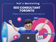 a man holding a megaphone with the words pat's marketing seo consultant toronto