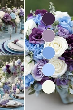 the table is set with blue, purple and white flowers