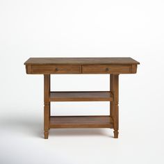 a wooden table with two drawers on one side and an open shelf on the other