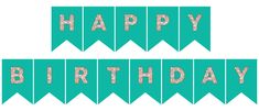 happy birthday banner with gold glitter letters on teal green background, set of 10