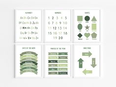 four posters with different font and numbers on them, all in shades of olive green