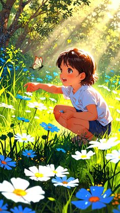 a little boy kneeling down in the grass with a butterfly on his hand and daisies around him