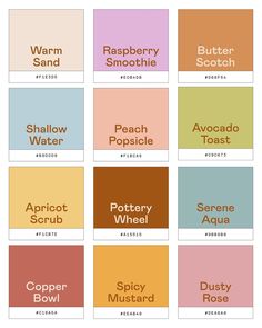 the names of different types of food and drinks in each color scheme, including peaches,