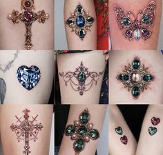 many different types of cross tattoos on the arms and legs, all decorated with jewels