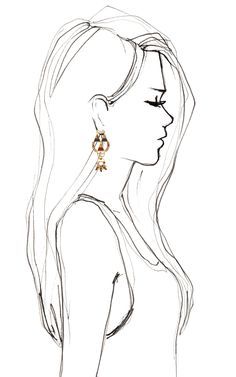 a drawing of a woman's face with long hair and earrings on her head