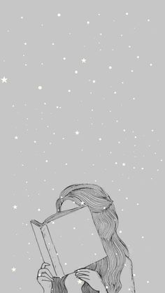 a drawing of a girl holding a book in her hands and looking up at the sky