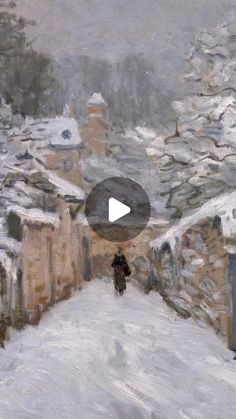 a painting of a person walking down a snow covered street