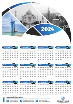 a blue and white calendar with the city skyline in the background, as well as an image