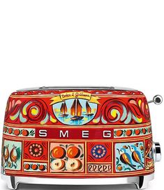 an artisticly painted toaster is shown on a white background with the words smeg written in it