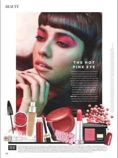 an advertisement for pink eye cosmetics with a woman's face and various makeup products