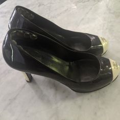 ****On Vacation Until Une 25th. ****All Orders Will Be Sent Out June 26th. Vintage Patent Leather Chanel Two Tone Pump Heels, Logo On Toe, Size 39 With A Silicone Cushion On The End Of The Heel To Help Fit A Size 38. Scuffing On Lower Back Of Heels, Professional Repair Attempted. Chanel Two Tone Pumps, Heels Professional, Chanel Black And White, Shoes Unique, Pump Heels, Chanel Black, Chanel Shoes, Salvatore Ferragamo Flats, Lower Back