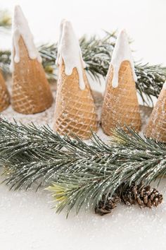 pine cones with white icing on them are sitting in the snow