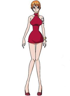 an anime character wearing a red dress and high heeled shoes with her hands on her hips