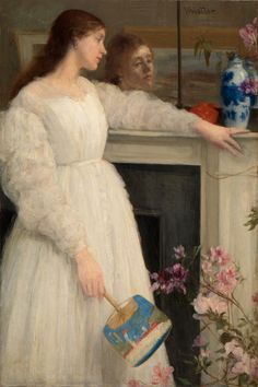 a painting of a woman in white dress holding a blue and white vase with flowers