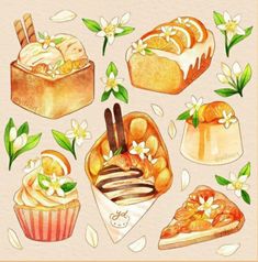 an artistic watercolor painting of various desserts and pastries