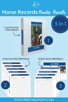 the horse record binder bundle is shown in three different colors and sizes, including blue