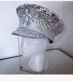 Silver disco embellished sequin bling military cap hat. Festival carnival burning man bestival secret garden party. by PicaPicaFeathers on Etsy https://www.etsy.com/uk/listing/450683382/silver-disco-embellished-sequin-bling Weimar Cabaret, Estilo Burning Man, Secret Garden Party, Abba Costumes, Festival Hats, Secret Garden Parties, Edm Festival Outfit, Festival Gear, Military Cap