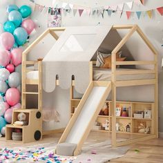 a child's bedroom decorated in pastel colors with balloons and a slide for the roof