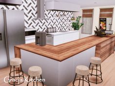 an image of a kitchen setting with stools and counter tops in the middle of the room