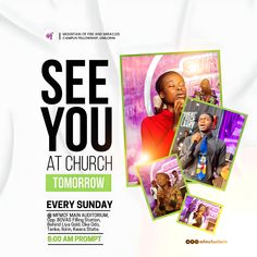 A flyer of pictures from a church and a see you tomorrow at church text written beside it Pixellab Template Tutorial, Event Planner Logo, Graphic Design Posters Layout, Christmas Graphic Design, Flyer Inspiration